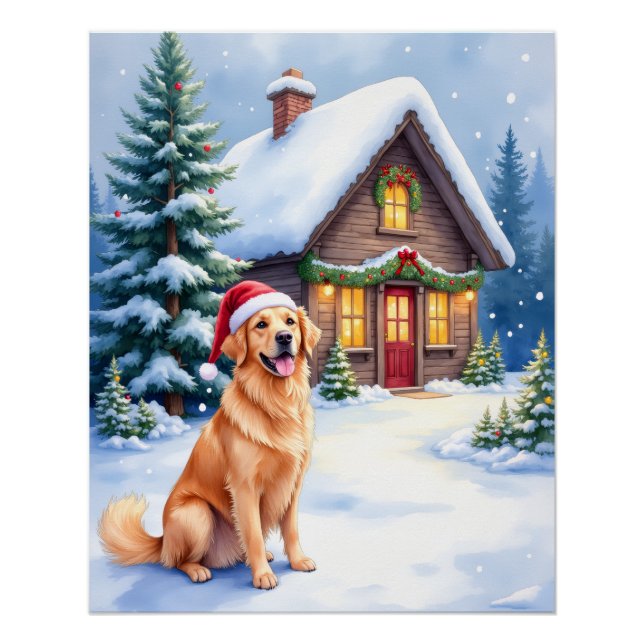 Pôster Golden Retriever Rustic Cabin Santa Hat Christmas (Frente)