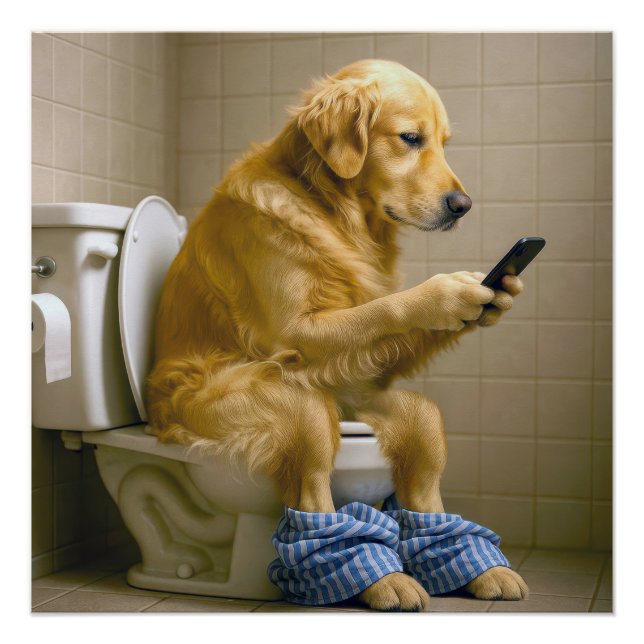 Pôster Golden Retriever Sitting On the Toilet Texting (Frente)