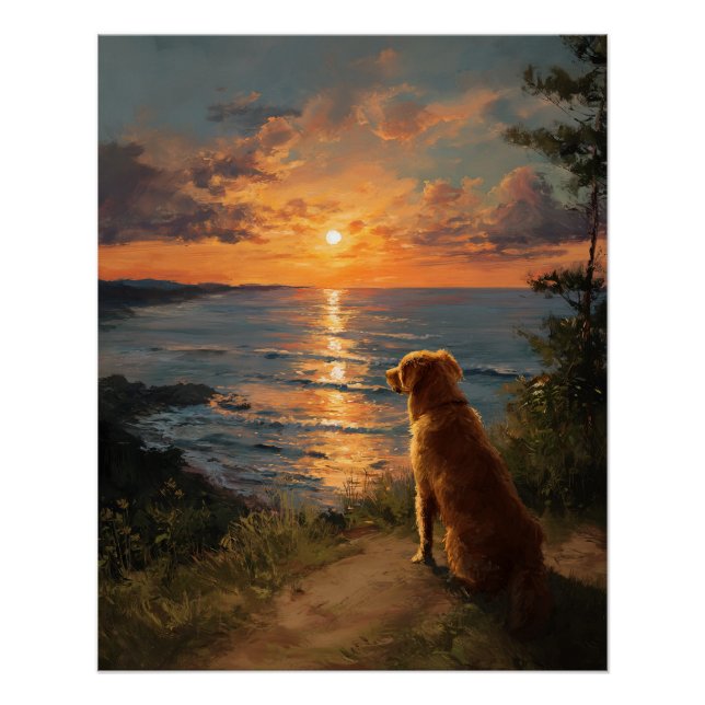 Pôster Golden Retriever Sunset Ocean View Art (Frente)