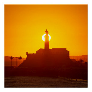 Pôster Golden Sunset Silhouette of Farol da Barra Salvado