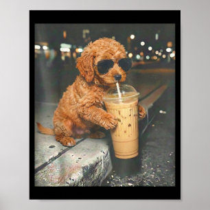 Poster Goldendoodle bebendo café gelado meme engraçado de