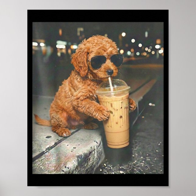 Poster Goldendoodle bebendo café gelado meme engraçado de (Frente)