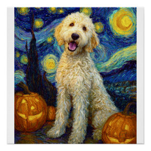 Pôster Goldendoodle Cachorro Fofo Dia das Bruxas Abóbora