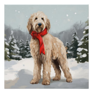 Pôster Goldendoodle Cachorro na Neve Natal