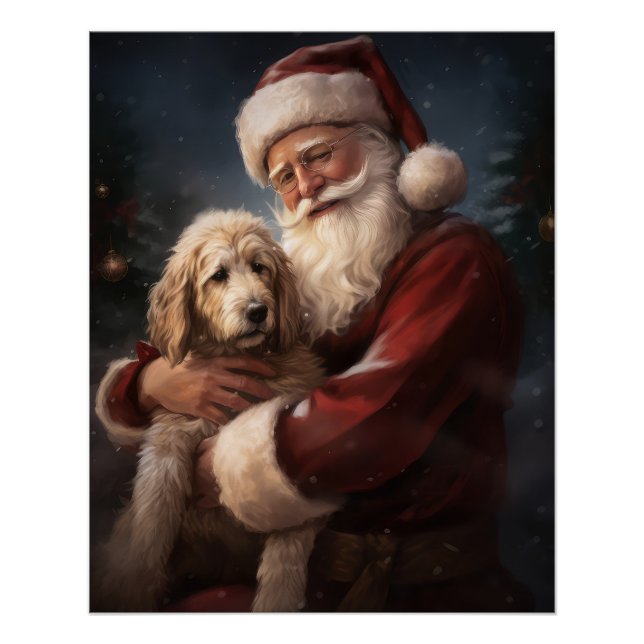 Pôster Goldendoodle com Papai Noel Natal Festivo (Frente)
