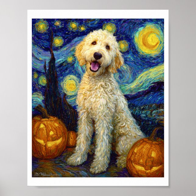 Poster Goldendoodle Cute Dog Halloween Jack O Lantern Pum (Frente)