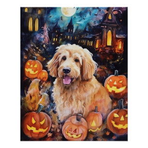 Pôster Goldendoodle do Halloween Com Pumpkins Assustado