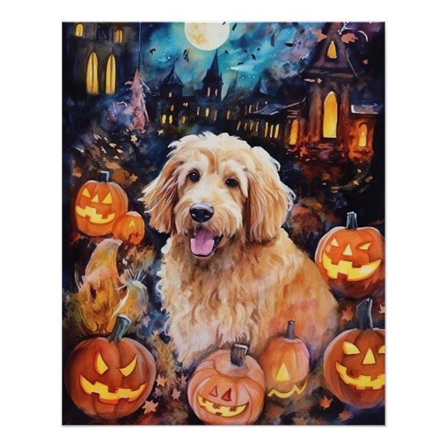Pôster Goldendoodle do Halloween Com Pumpkins Assustado (Frente)