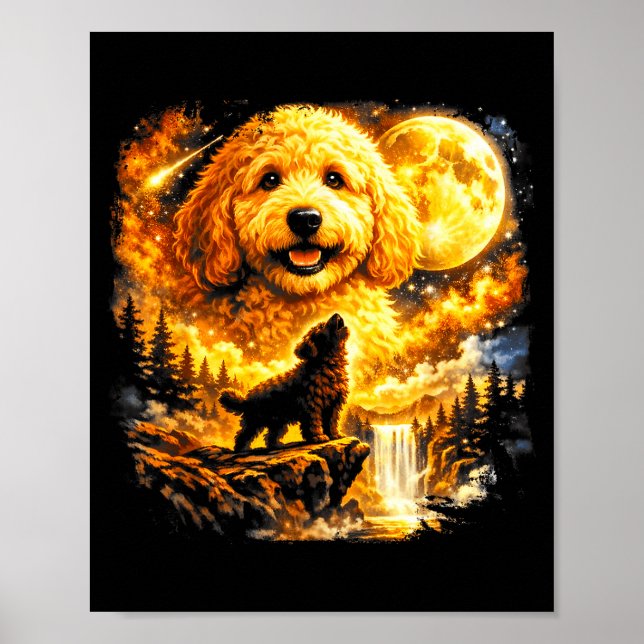 Poster Goldendoodle Howling To The Moon Vintage Mystical  (Frente)