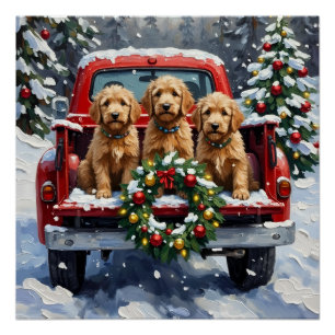Pôster Goldendoodle Natal Caminhão Vermelho Férias