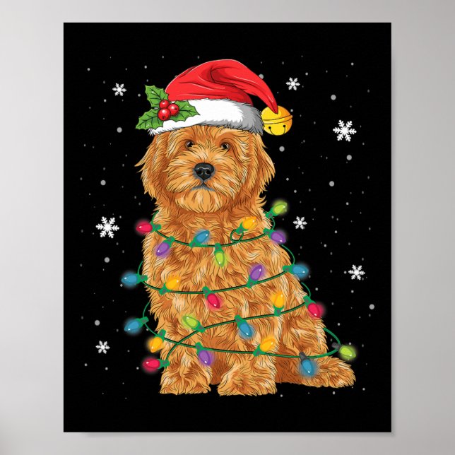 Poster Goldendoodle Natal Chapéu do Papai Noel Luzes de F (Frente)