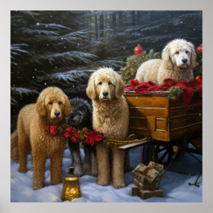 Poster Goldendoodle Nevado Trenó de Natal Decoração de Na