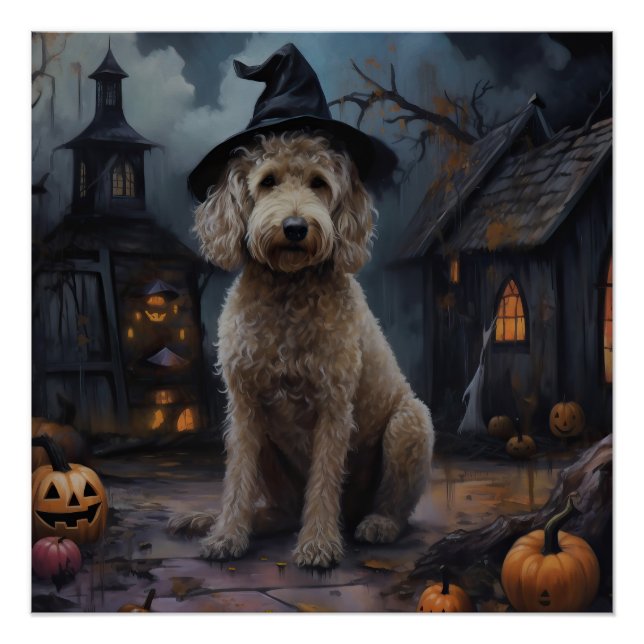 Pôster Goldendoodle Pumpkins Halloween Assustado (Frente)
