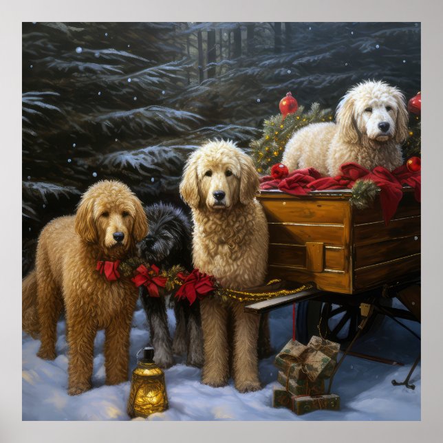 Poster Goldendoodle Snowy Sleigh Decência de Natal (Frente)