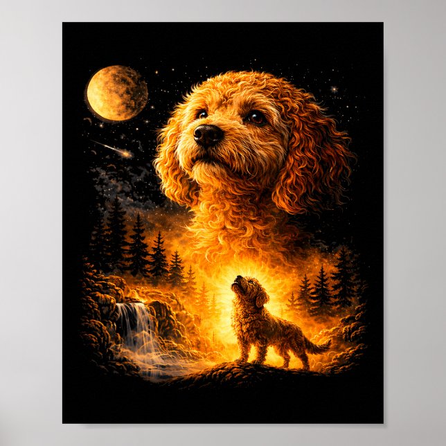 Poster Goldendoodle Uivando Para A Lua Vintage Engraçado  (Frente)