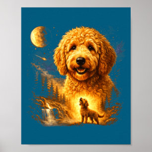 Poster Goldendoodle uivando para a lua vintage místico