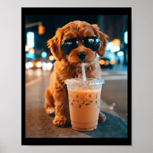 Poster Goldenoodle engraçado bebendo café gelado animal