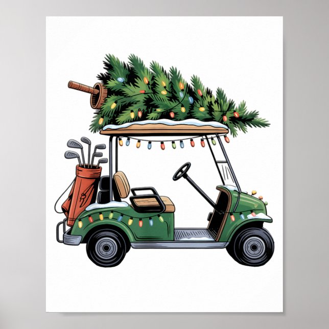 Poster Golf Cart Christmas Tree Lights Golfing Golfer Fun (Frente)