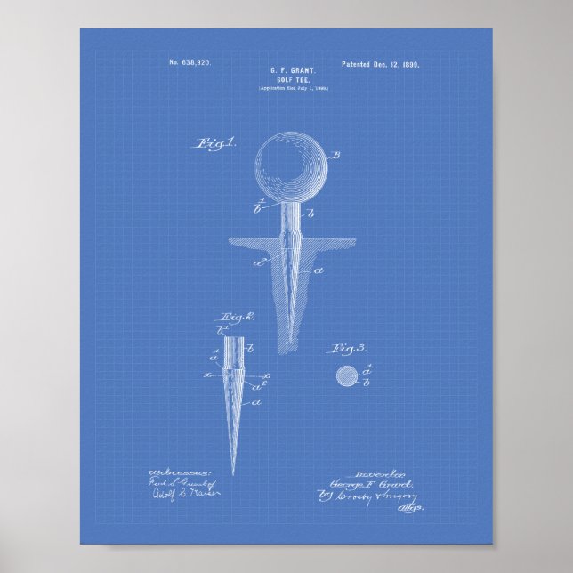 Pôster Golf Tee 1899 Patent Art - Blueprint (Frente)