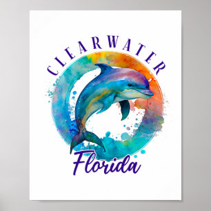 Poster Golfinho de Aquarela Feliz de Clearwater Flórida