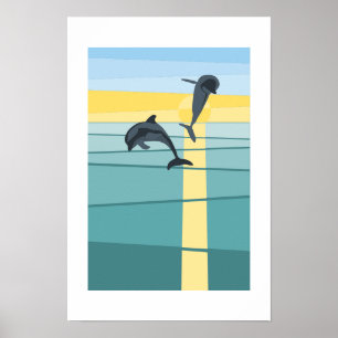 Poster Golfinho do Sol Moderno do Mar em Arte Amarela Tur