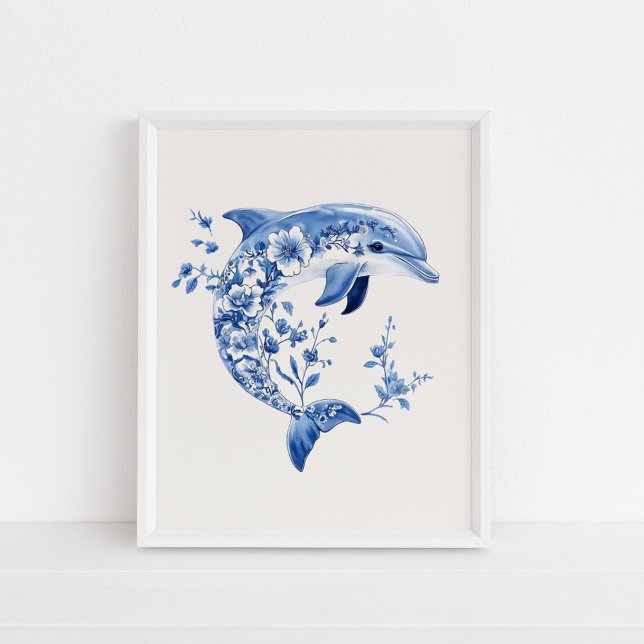 Poster Golfinho Floral - Azul Costeiro na Arte de Parede  (Floral Dolphin – Coastal Blue on Beige Wall Art in a white frame on the floor.)