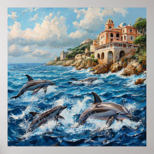 Poster Golfinho Oceânico Decoração de Casa Marítima Coste