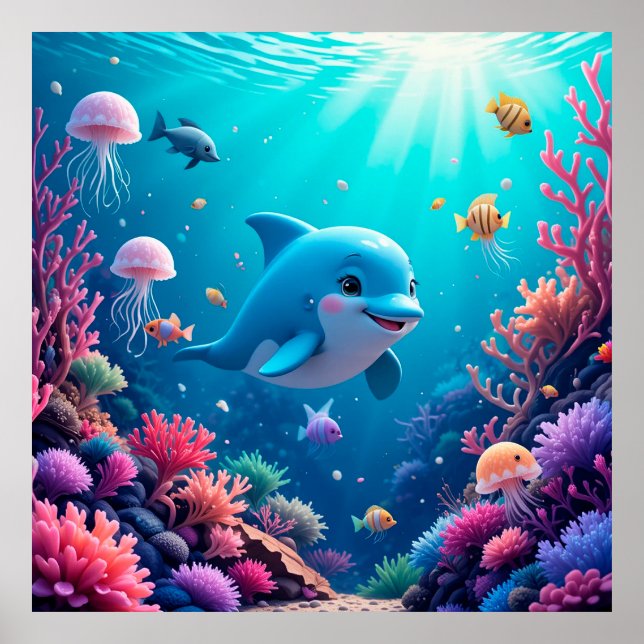 Poster Golfinho Recife de Coral Aquário Oceano Tema Impre (Frente)