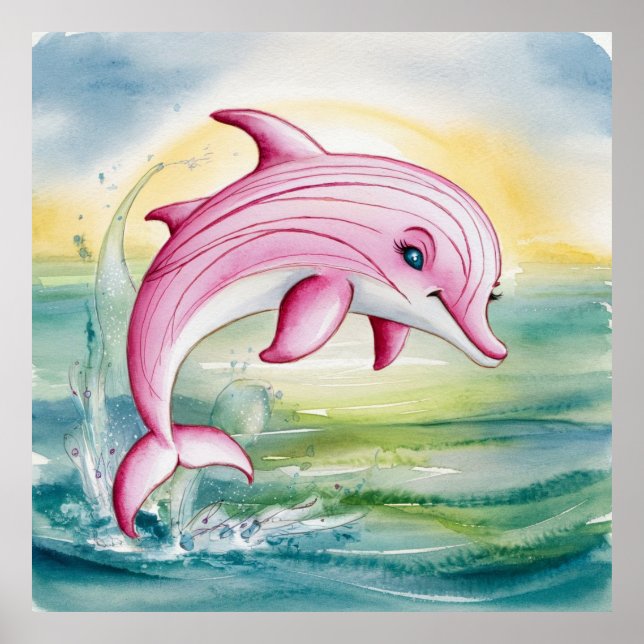 Poster Golfinho-rosa pintado com aquarela (Frente)