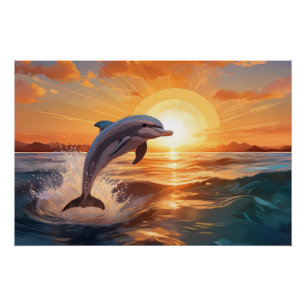 Pôster Golfinho Salta ao Pôr do Sol no Oceano