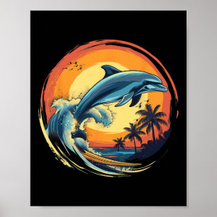 Poster Golfinho Surfando Mar Oceano Pôr do Sol Golfinho M