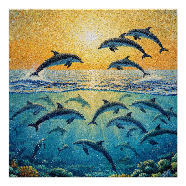 Pôster Golfinhos Ao Pôr do Sol l (Frente)