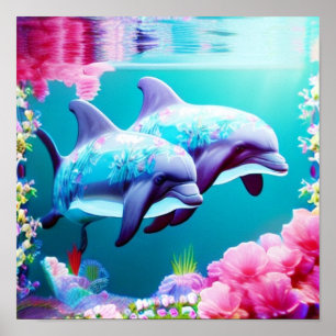 Poster Golfinhos e Flores Submarinos