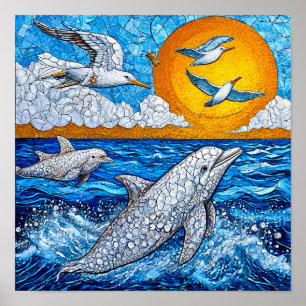 Poster Golfinhos E Gaivotas Mosaico Oceânico Costeiro