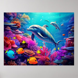 Poster Golfinhos num recife de coral, vida marinha