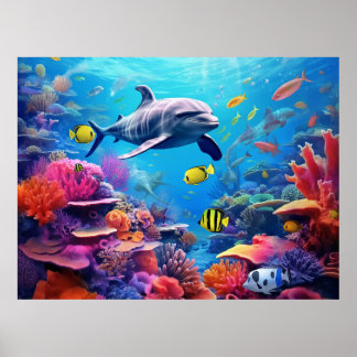 Poster Golfinhos num recife de coral, vida marinha