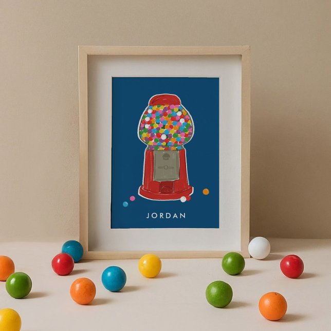 Poster Goma-Bolha de Doces de Máquina Vermelha, Maneira P (Red retro gumball candy machine blue personalized kids art print.)