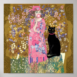Poster Goma de bolhas rosa com arte de gato Gustav Klimt