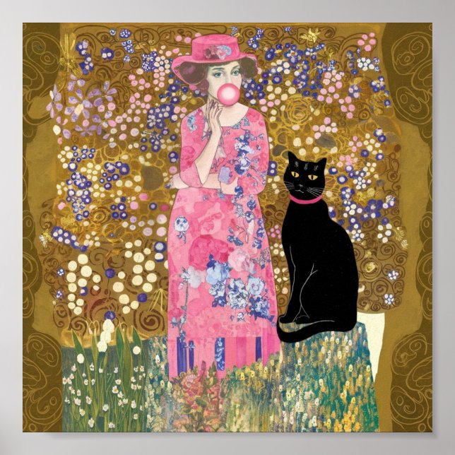 Poster Goma de bolhas rosa com arte de gato Gustav Klimt (Frente)