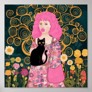 Poster Goma de bolhas rosa com arte de gato Gustav Klimt
