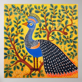Poster Gond Art Peacock Amarelo | Arte da Índia