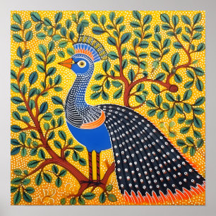 Poster Gond Art Peacock Amarelo Arte da Índia
