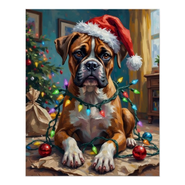 Pôster Goofy Boxer Dog Tangled in Christmas Lights (Frente)