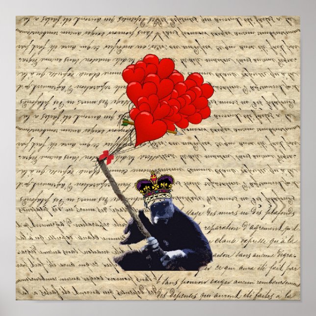 Pôster Gorila e balões cardíacos (Frente)