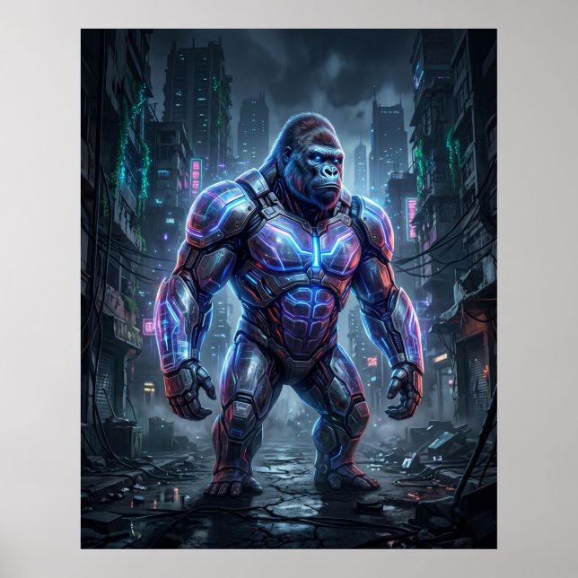 Poster Gorila Holograma Ruínas Neon (Frente)