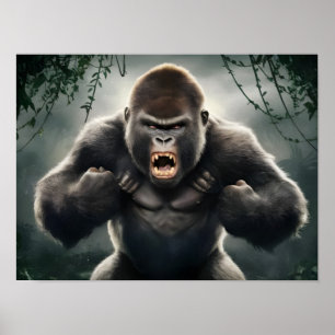 Poster Gorila Macaco Furioso Rajando na Selva