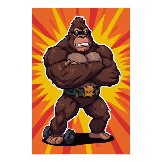 Pôster Gorilla Bodybuilder Weight Lifter Pop Art Cartoon (Frente)