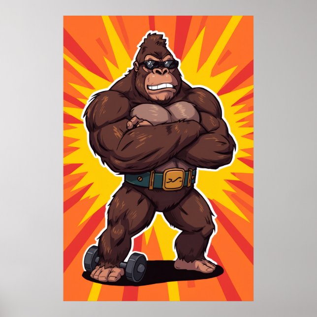 Poster Gorilla Bodybuilder Weight Lifter Pop Art Cartoon (Frente)