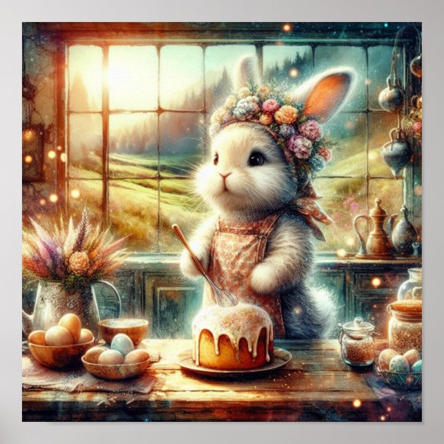Poster Gostosuras da Páscoa com Coelhinho Padeiro em Aqua (Frente)