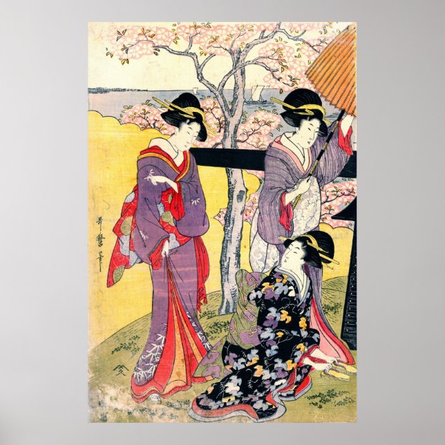 Poster Gotenyama Cherry Blossoms Triptych à esquerda 1805 (Frente)